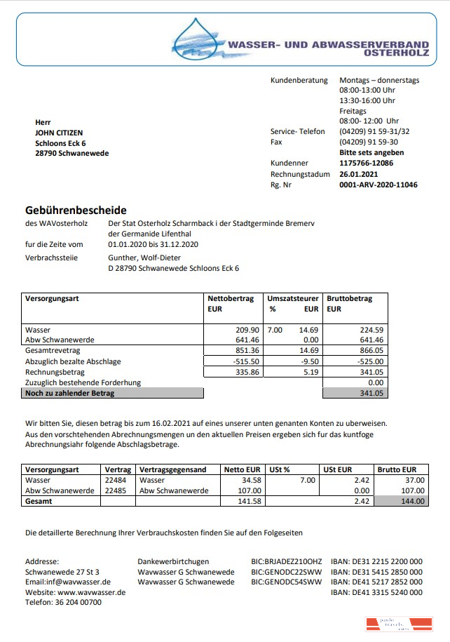 Germany Wavwasser utility bill